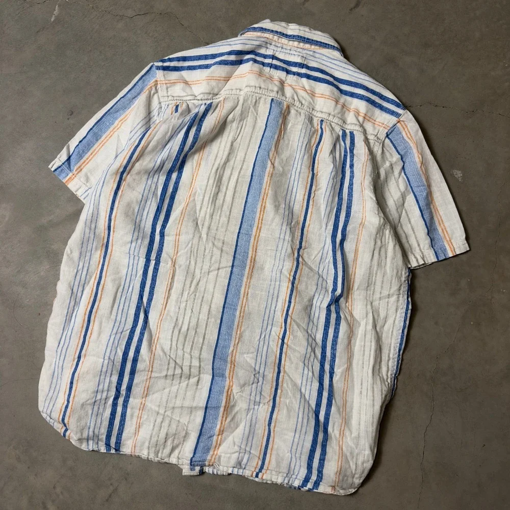 Vintage American Canvas Button Down Shirt Men Large White Blue Striped 90s Retro
